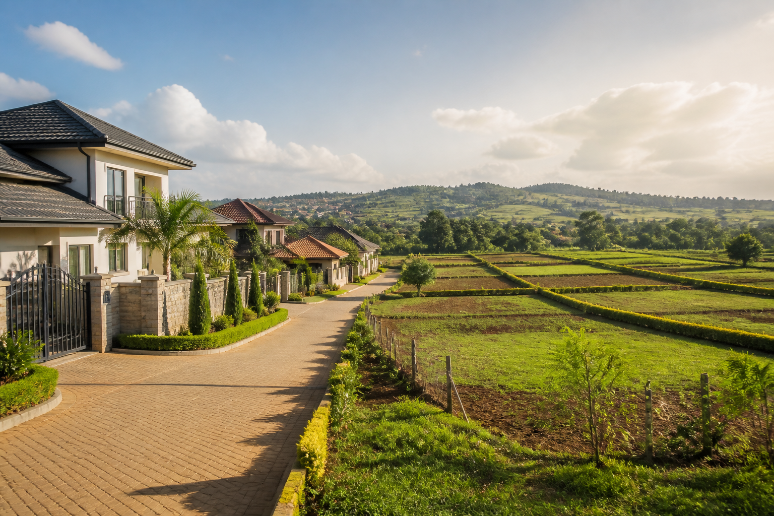 Modern homes beside open land plots